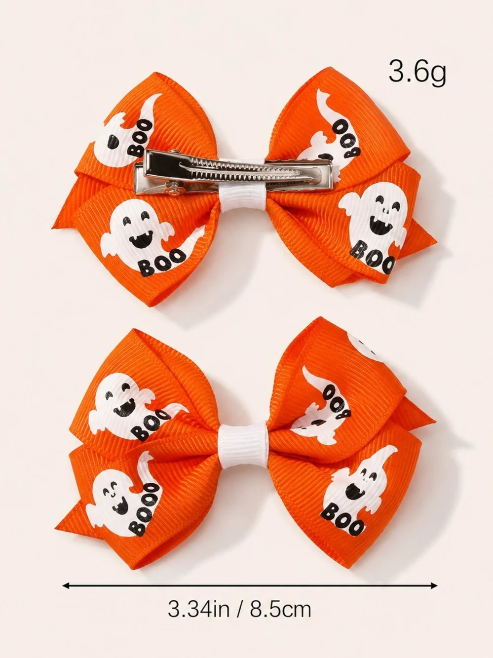 Halloween Ghost BOO Hair Bow Clips Orange Grosgrain Girls Set of 2